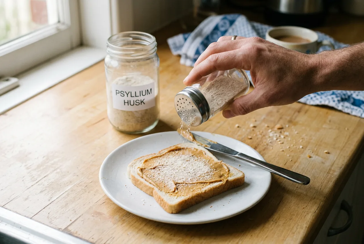 A hand sprinkling psyllium husk from a glass herb shaker over peanut butter on white toast, with a labelled jar of psyllium husk on the bench behind