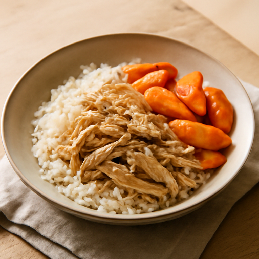 Shredded Chicken & Rice Bowl with Garlic Oil and Glazed Carrots