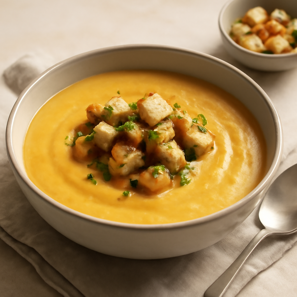 Creamy Potato & Carrot Soup with Garlic Croutons